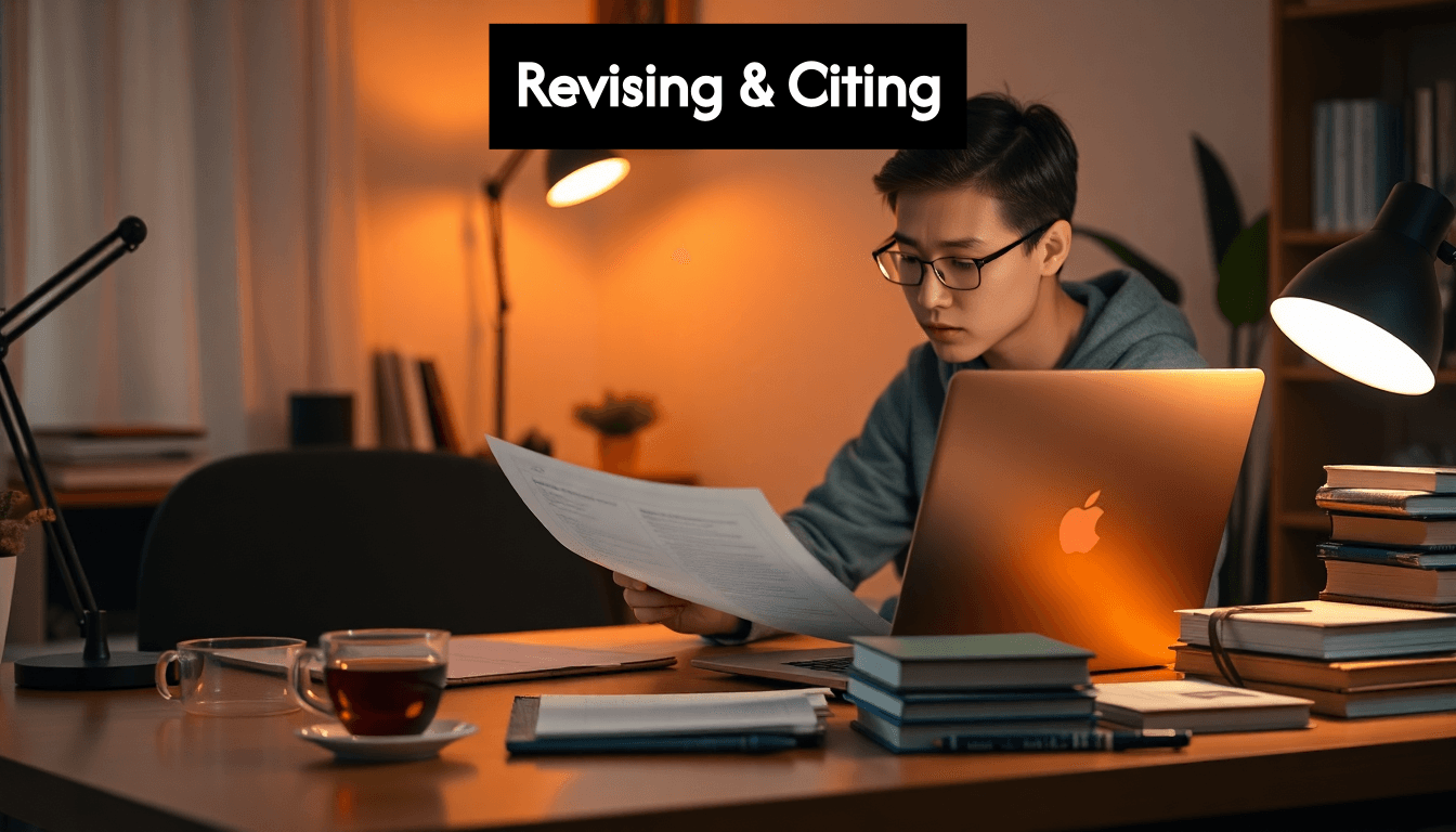 Graduate student revising draft on laptop