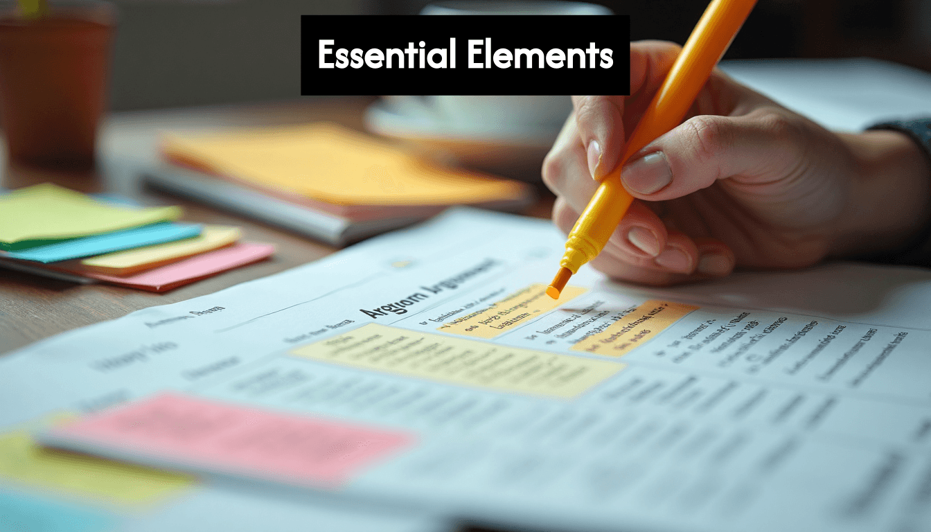 Hand highlighting notes on argument outline