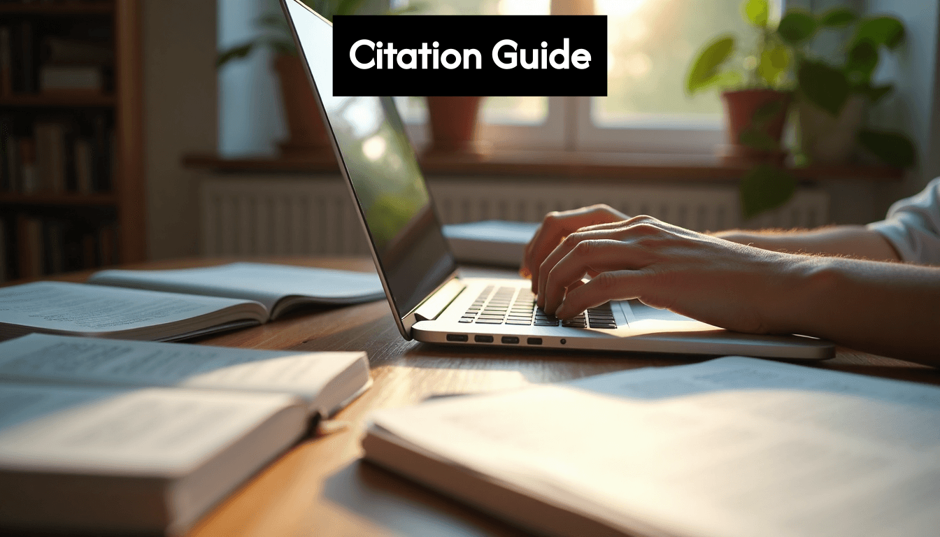 Hands typing on laptop with journals and notes