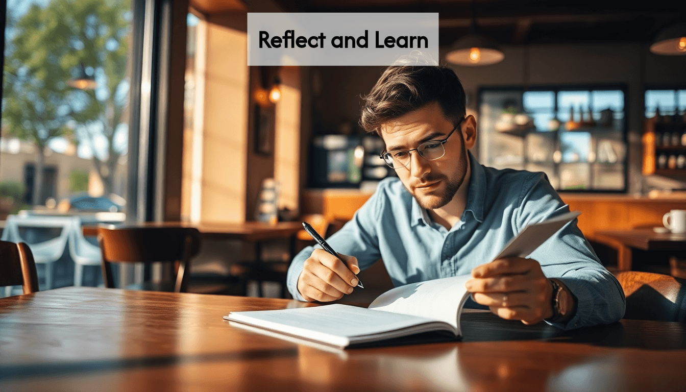 A writer reviewing their work in a coffee shop.