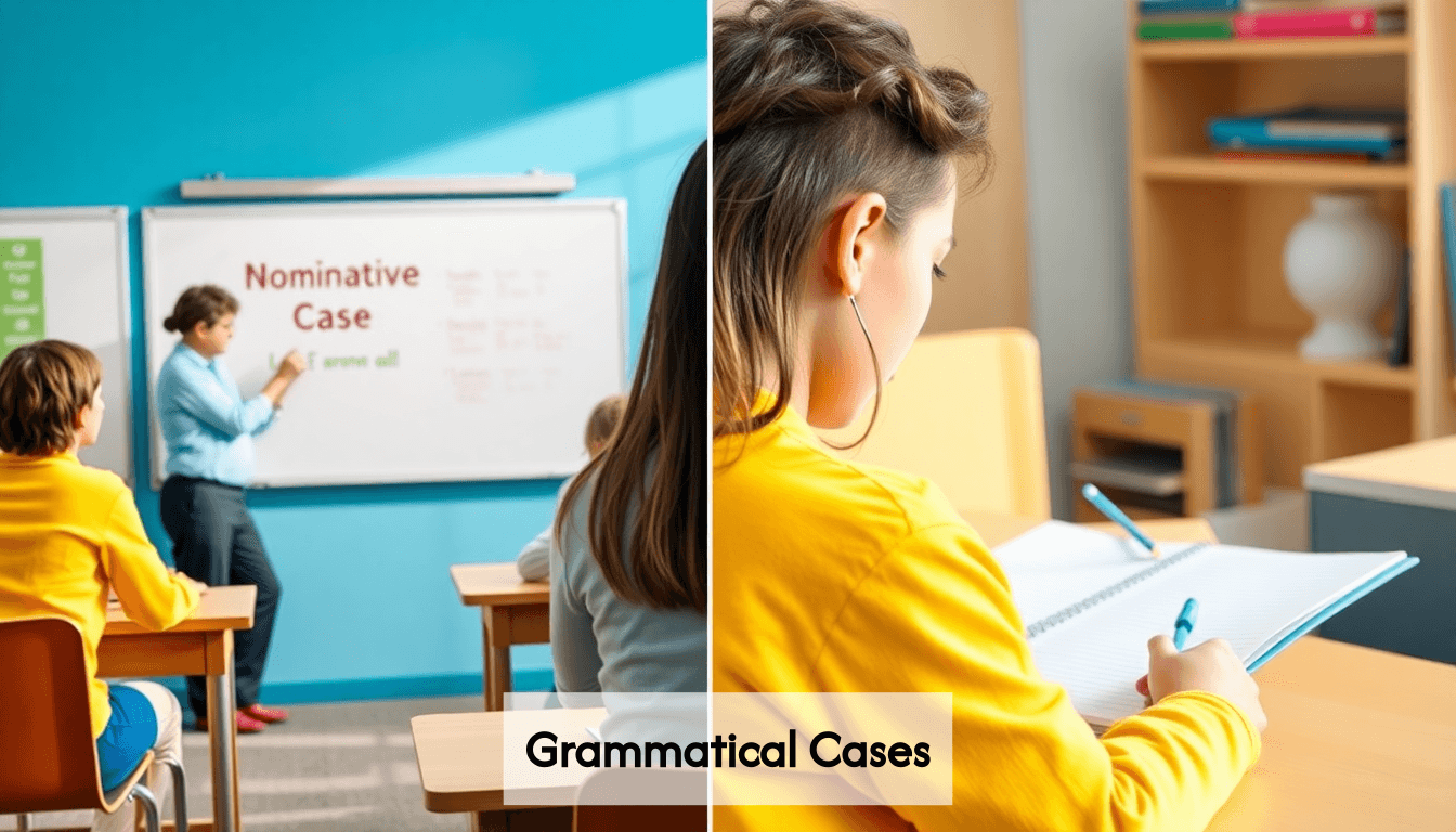 Visual representation of grammatical cases in a classroom environment.