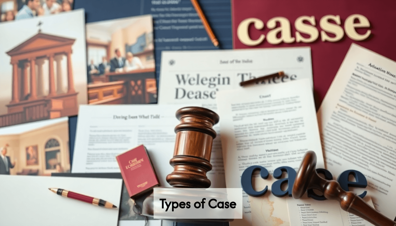 A collage illustrating the concept of case in law, linguistics, and typography.