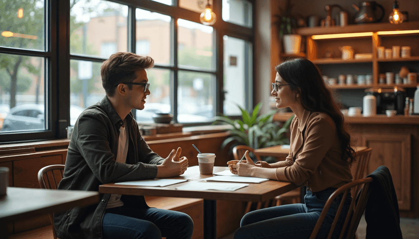 Graduate students discussing research in coffee shop with common challenges banner