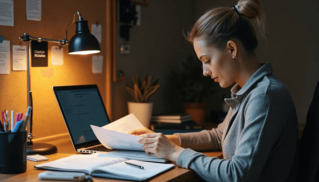 Researcher analyzing articles, corkboard note reads Citation Mistakes