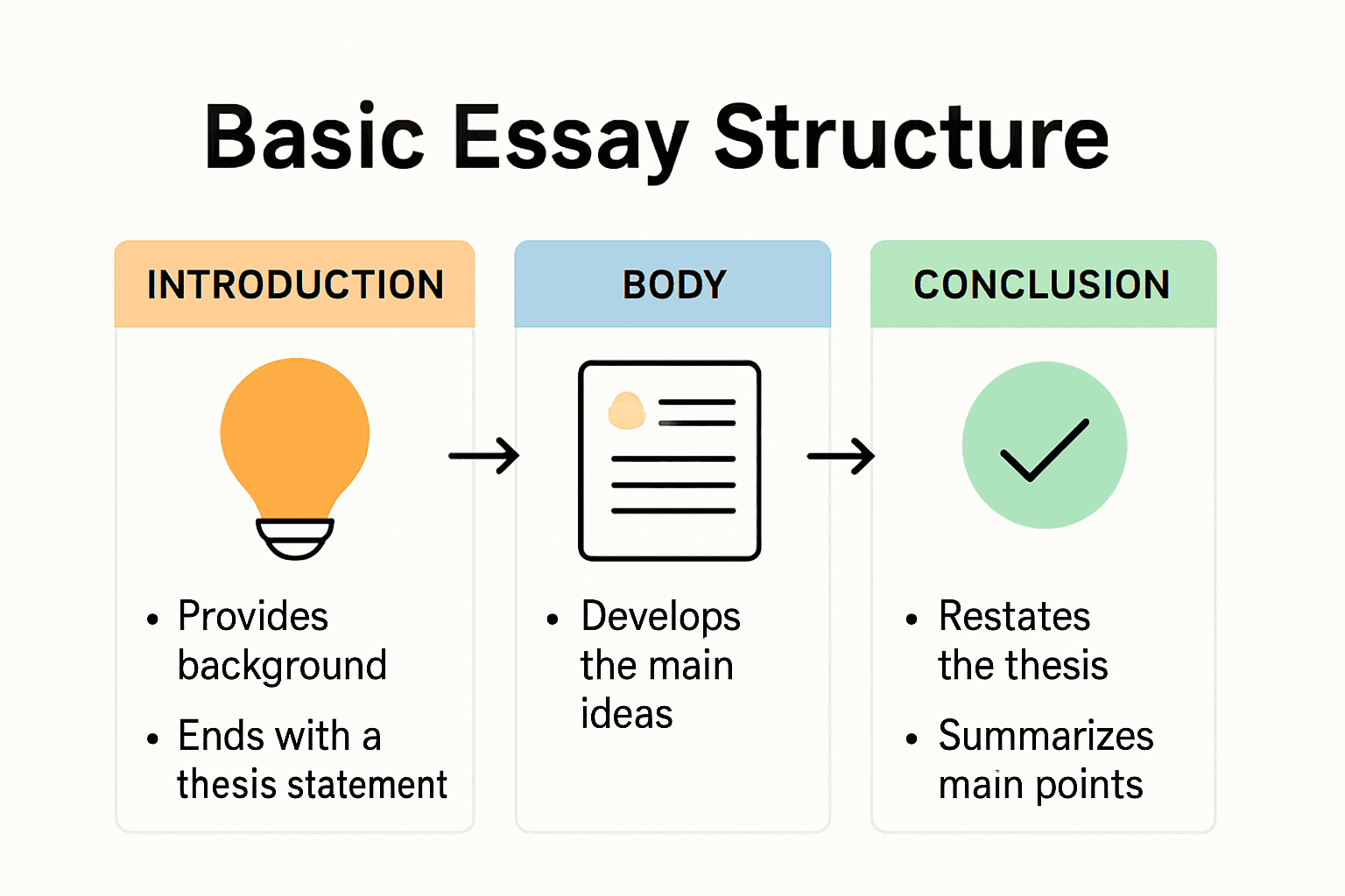 Infographic showing simple essay structure: introduction, body, conclusion.