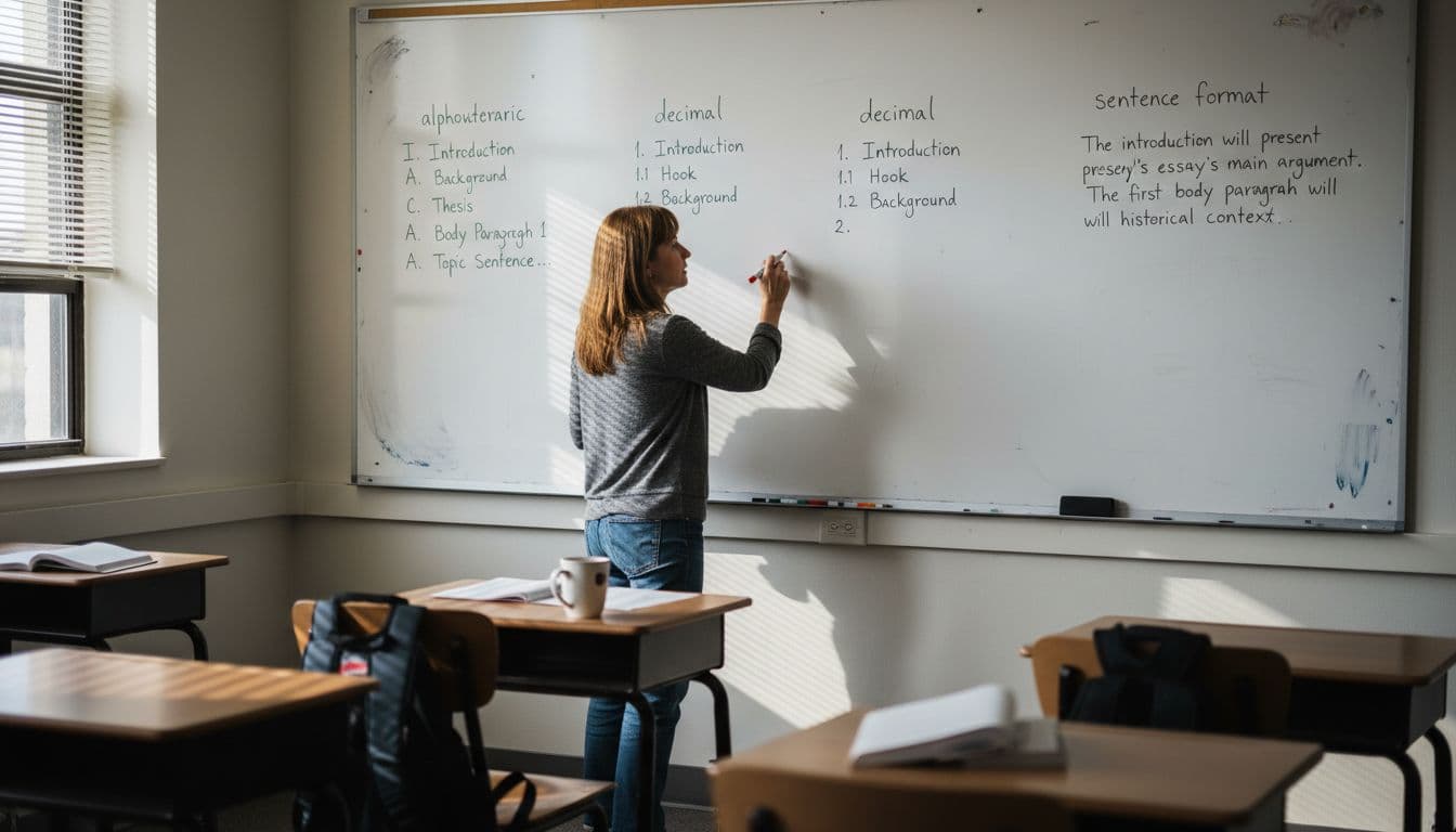 Teacher drawing essay outline types on whiteboard