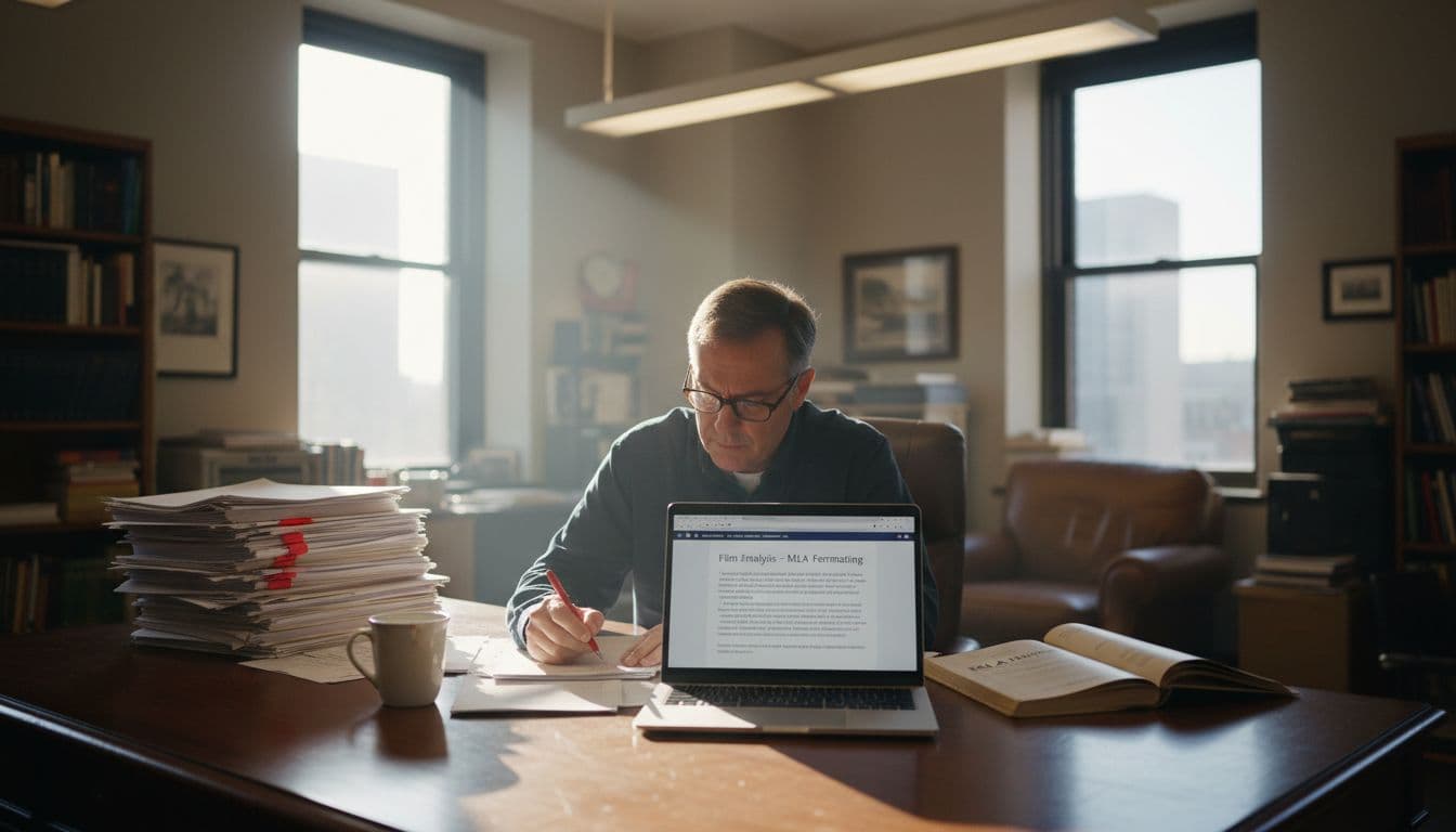 Professor grading paper using MLA film formatting