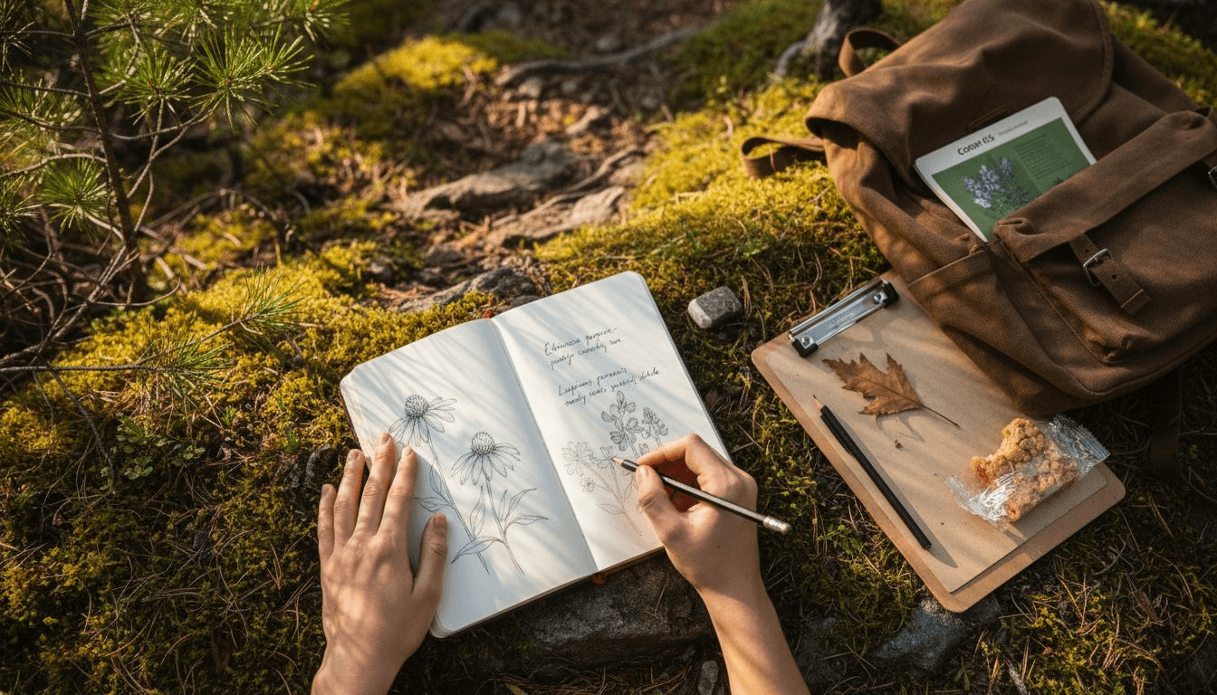 Hands creating nature journal with botanical sketches