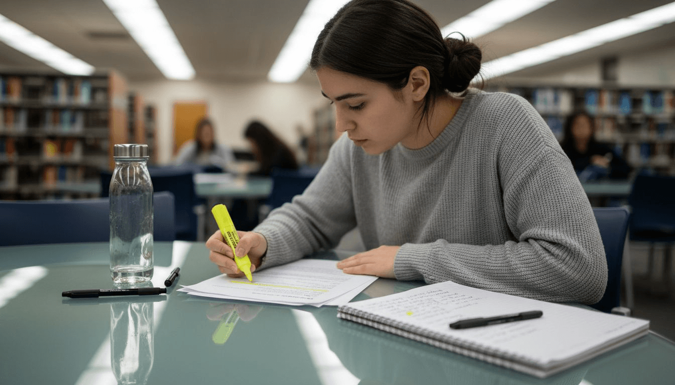 Student reviewing academic PDF elements at library