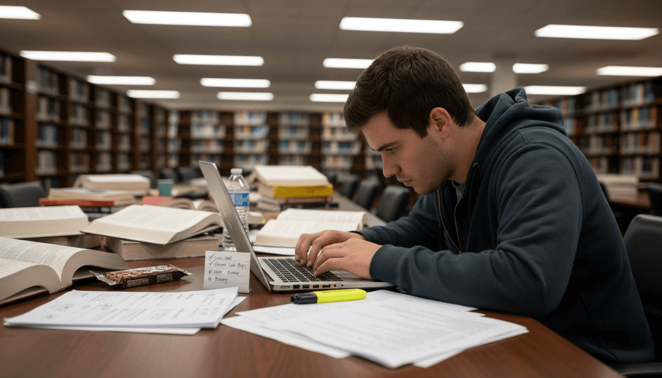 Student drafting academic analysis in library