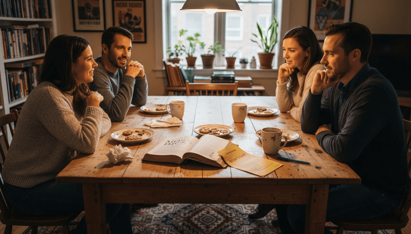 Group analyzes novel at kitchen table