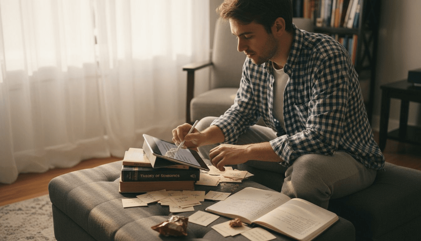 Drafting academic outline in casual home setting