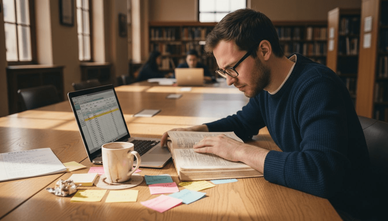 Researcher collecting source details in library