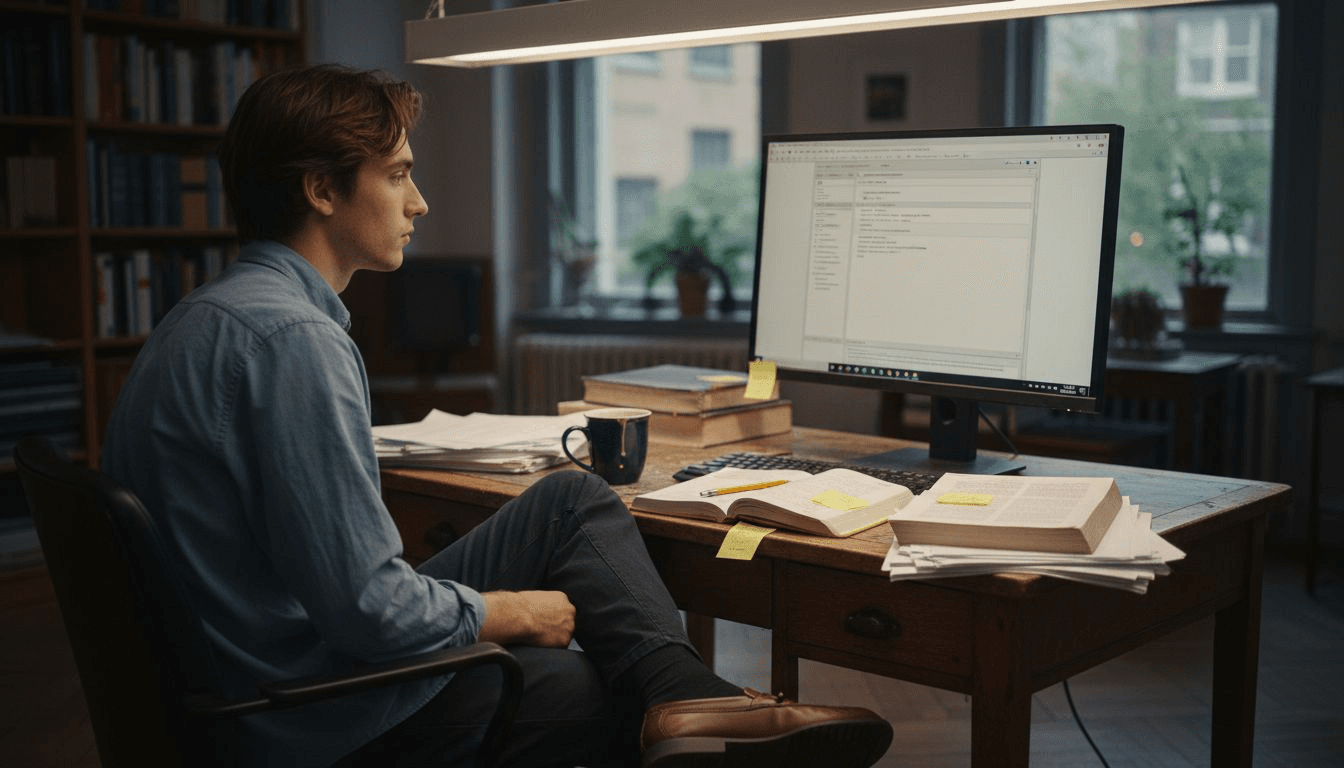 Researcher checking APA paper formatting on monitor