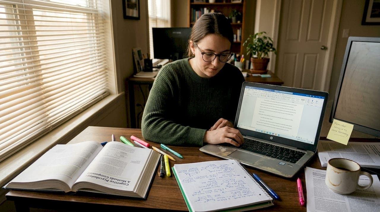 Student typing APA citation with references