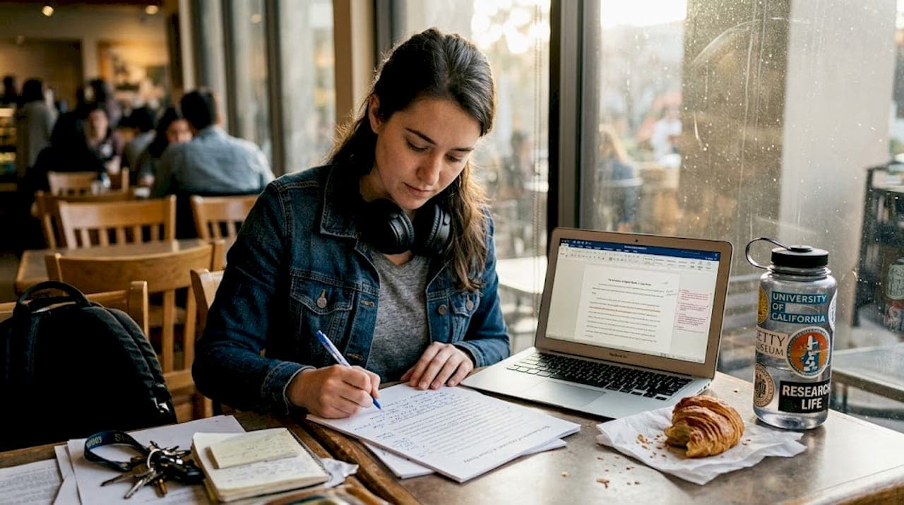 Student editing essay paragraphs by hand
