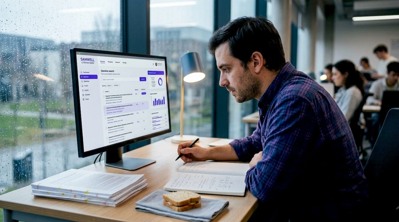 Researcher searching citation database in office