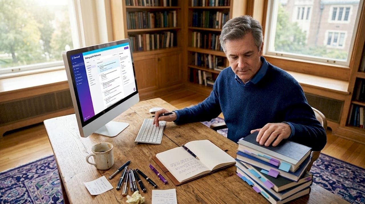Professor compiles reference list at desk