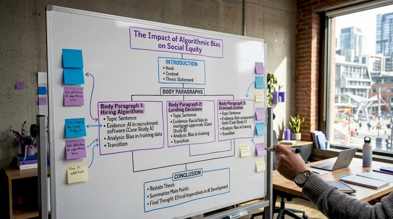 Essay structure outline diagram on whiteboard