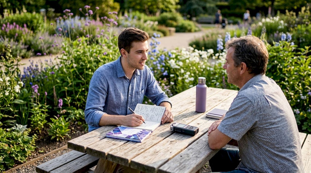 Journalist conducting interview in park