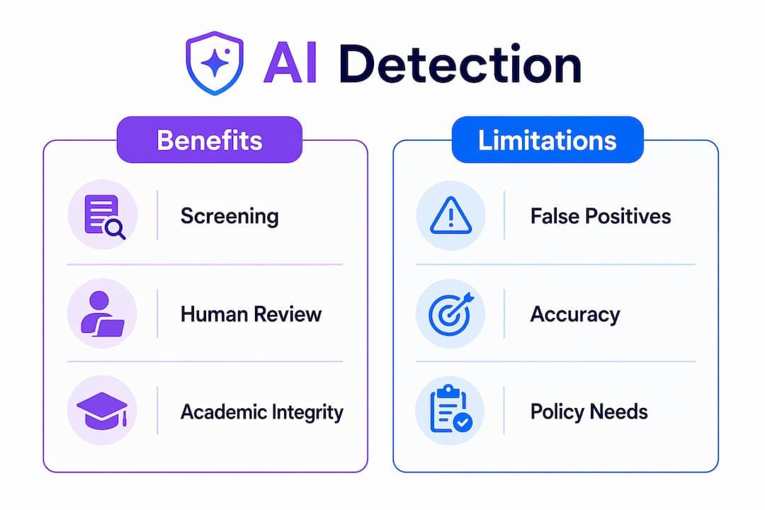 Infographic comparing benefits and limitations of AI detection