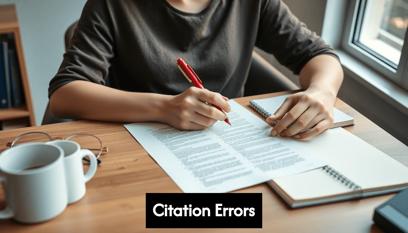 Student editing paper with red pen at desk